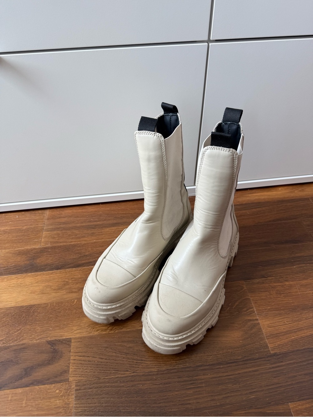 Ganni Cream Lace-Up Lug Boots with Black Pull Tabs Chelsea Boots